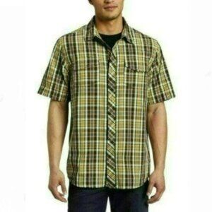 Prana Whiskey Men's Medium Green Black Plaid Cotton Short Sleeve Snap Up Shirt